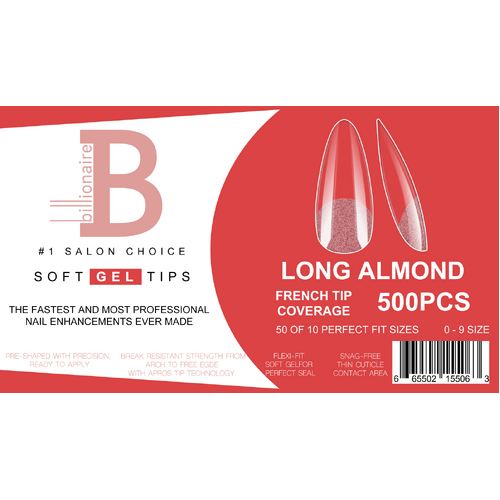 Billionaire Soft Gel Tips Box Nail False Fake Long Almond - 500pcs