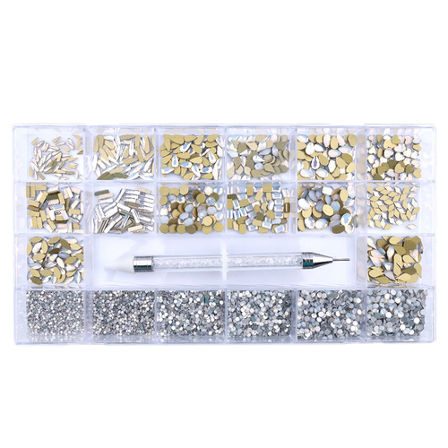 Rhinestone Diamond Glass White AB Mixed Multi Shape Kit Box