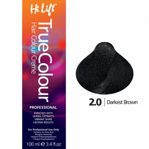 Hi Lift True Colour Permanent Hair Color Cream 2.0 Darkest Brown 100ml