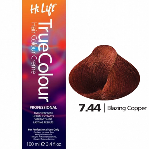 Hi Lift True Colour Permanent Hair Color Cream 7.44 Blazing Copper 100ml