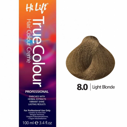 Hi Lift True Colour Permanent Hair Color Cream 8.0 Light Blonde 100ml