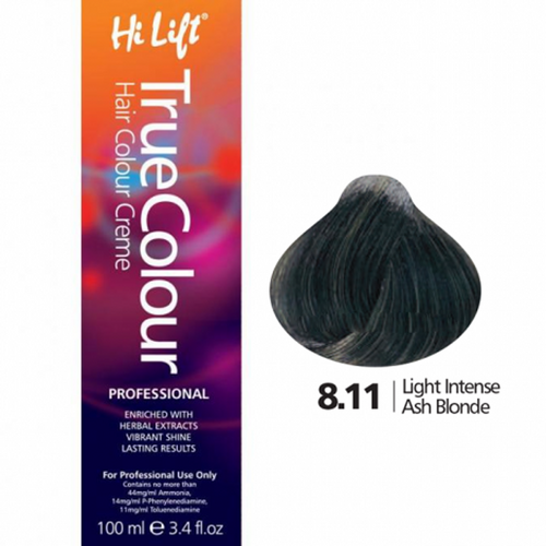 Hi Lift True Colour Permanent Hair Color Cream 8.11 Light Intense Ash Blonde 100ml