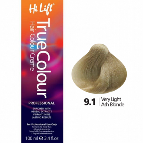 Hi Lift True Colour Permanent Hair Color Cream 9.1 Very Light Ash Blonde 100ml