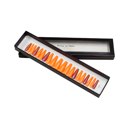 Press On Nails Fake Long Coffin Nail Tips Glitter Orange Glossy 20 pcs