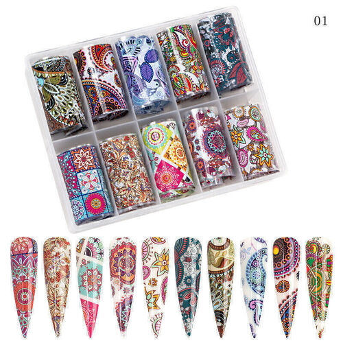 Nail Art Transfer Foil Colourful Floral Paisley & Mandala Sticker Set 10 Pc/box