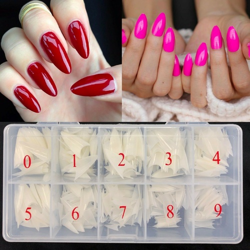 500Pcs Full Cover False Nails Fake Pointing Tips Clear Natural Nail + Box Beauty
